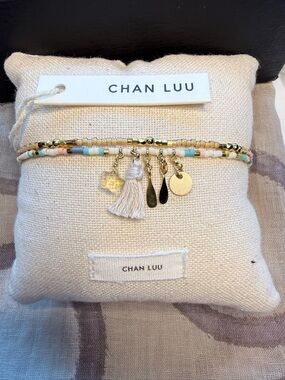 Chan Luu Gold Citrine Cream Pastel Beaded Bracelet with Tassel Charms